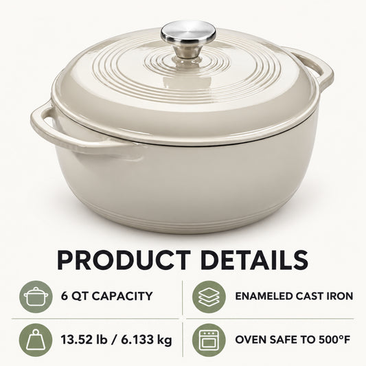 6-Quart Enameled Cast Iron Dutch Oven with Lid, Oyster White