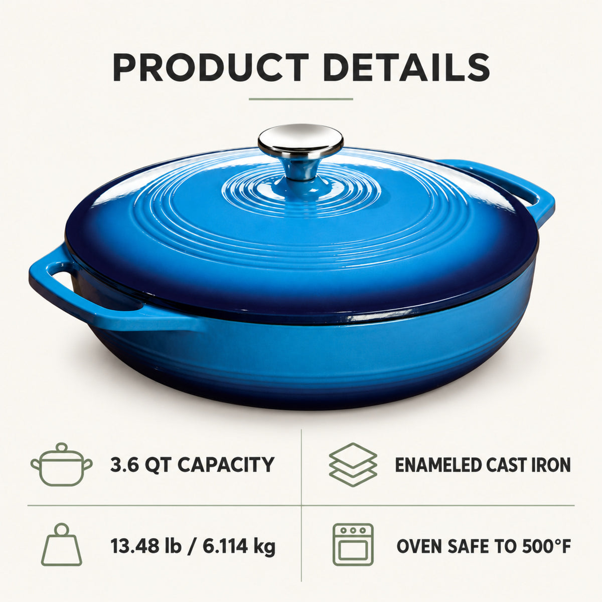 3.6-Quart Enameled Cast Iron Braiser with Lid, Blue
