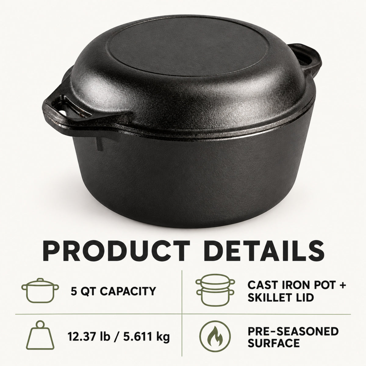 5-Quart Pre-Seasoned Cast Iron Dutch Oven with Skillet Lid, Black