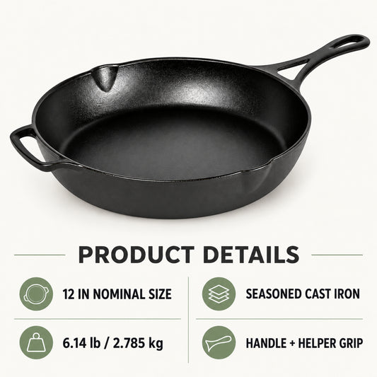 12-Inch Seasoned Cast Iron Skillet with Helper Handle, Black