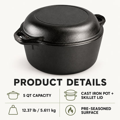 5-Quart Pre-Seasoned Cast Iron Dutch Oven with Skillet Lid, Black