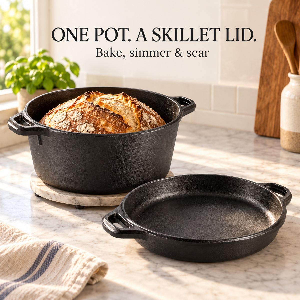 5-Quart Pre-Seasoned Cast Iron Dutch Oven with Skillet Lid, Black