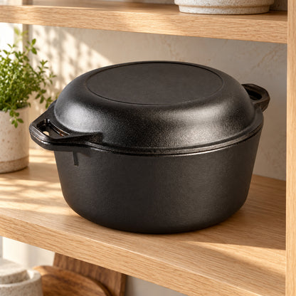 5-Quart Pre-Seasoned Cast Iron Dutch Oven with Skillet Lid, Black