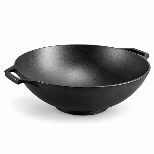 14-Inch Pre-Seasoned Cast Iron Wok with Loop Handles, Black