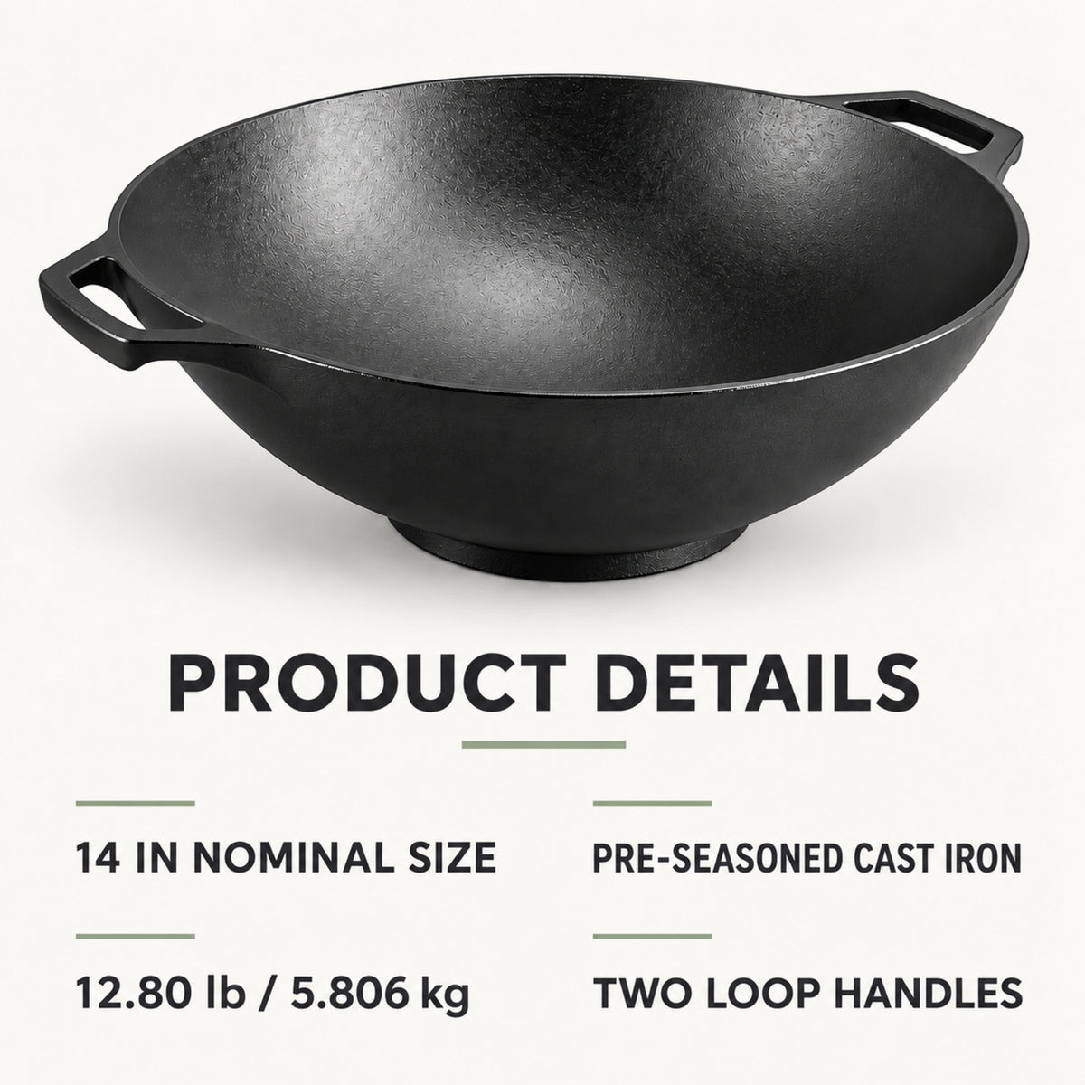 14-Inch Pre-Seasoned Cast Iron Wok with Loop Handles, Black