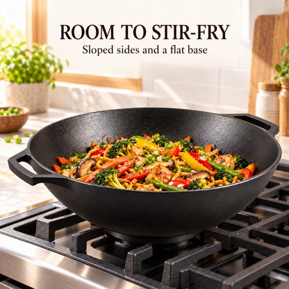 14-Inch Pre-Seasoned Cast Iron Wok with Loop Handles, Black