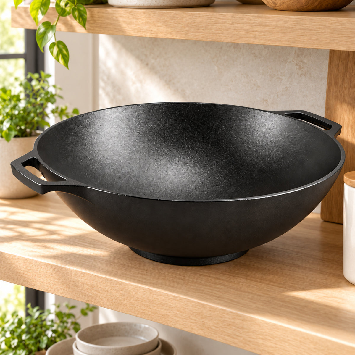 14-Inch Pre-Seasoned Cast Iron Wok with Loop Handles, Black