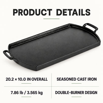 20.2-Inch Seasoned Cast Iron Double-Burner Griddle, Black