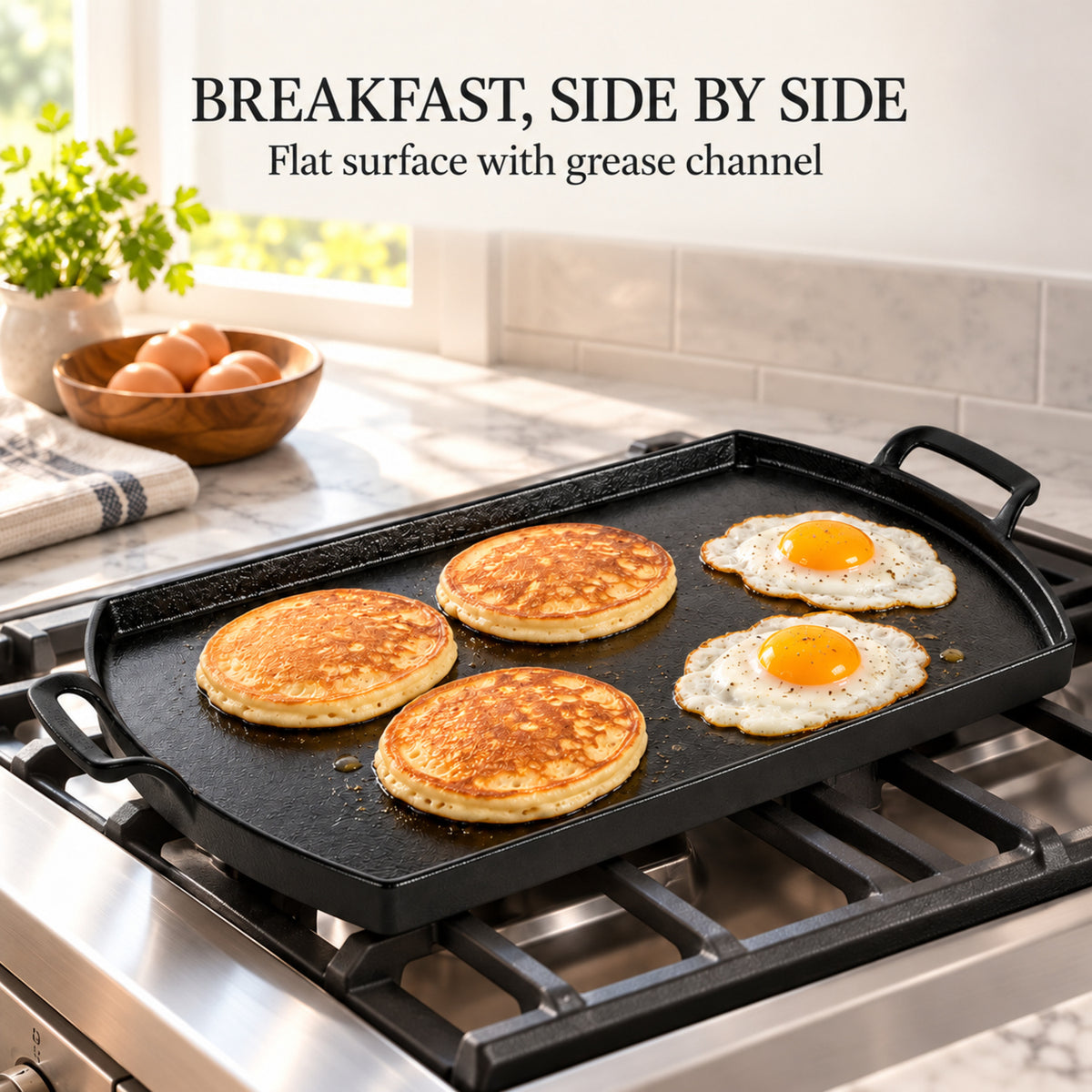 20.2-Inch Seasoned Cast Iron Double-Burner Griddle, Black
